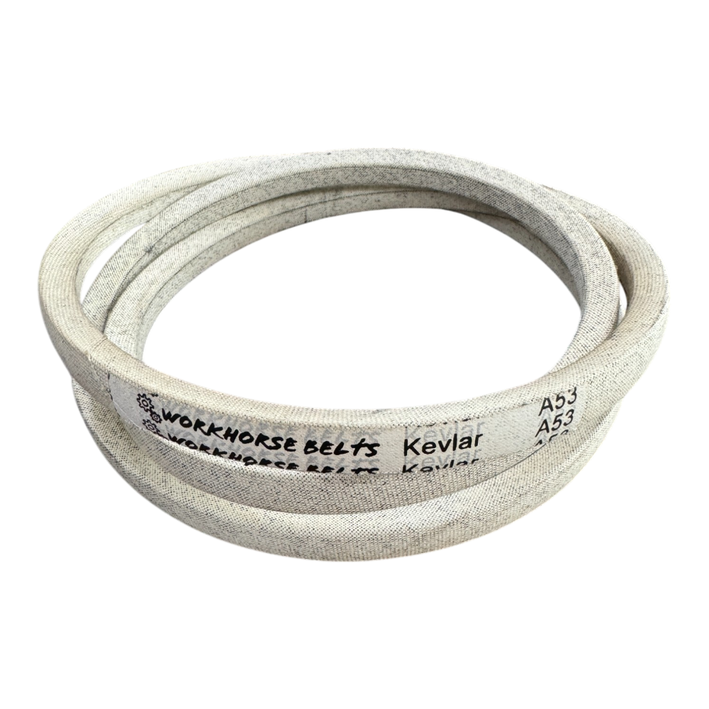 Kevlar V-Belt A53 with color white and logo (Cord inside and coated cotton wrapped outside)